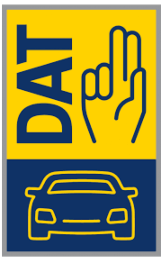 Ein gelbes und blaues DAT-Schild mit Schriftzug, Handgeste und einer Auto-Silhouette darunter