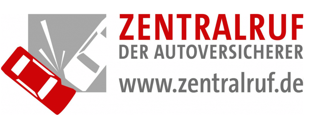 Zwei kollidierende Autos als Logo sowie der Schriftzug "Zentralruf der Autoversicherer" und www.zentralruf.de auf weißem Hintergrund