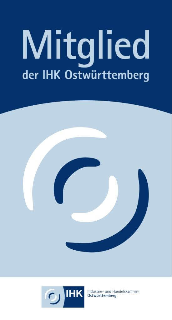 Banner mit dem Schriftzug Mitglied der IHK Ostwürttemberg, abstraktem Kreisdesign und IHK-Logo unten