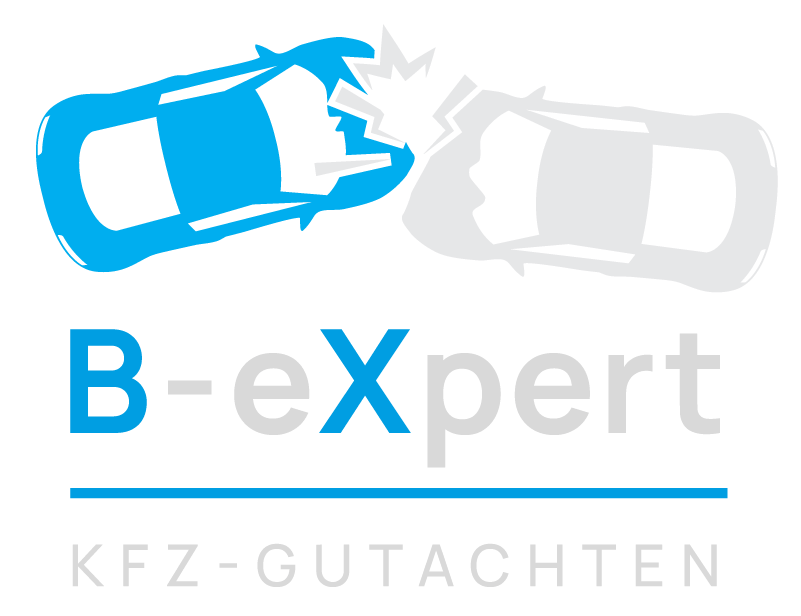 Zwei Autosymbole stoßen zusammen über dem Schriftzug B-expert KFZ-Gutachten, gestaltet in Blau und Grau im Logo-Stil