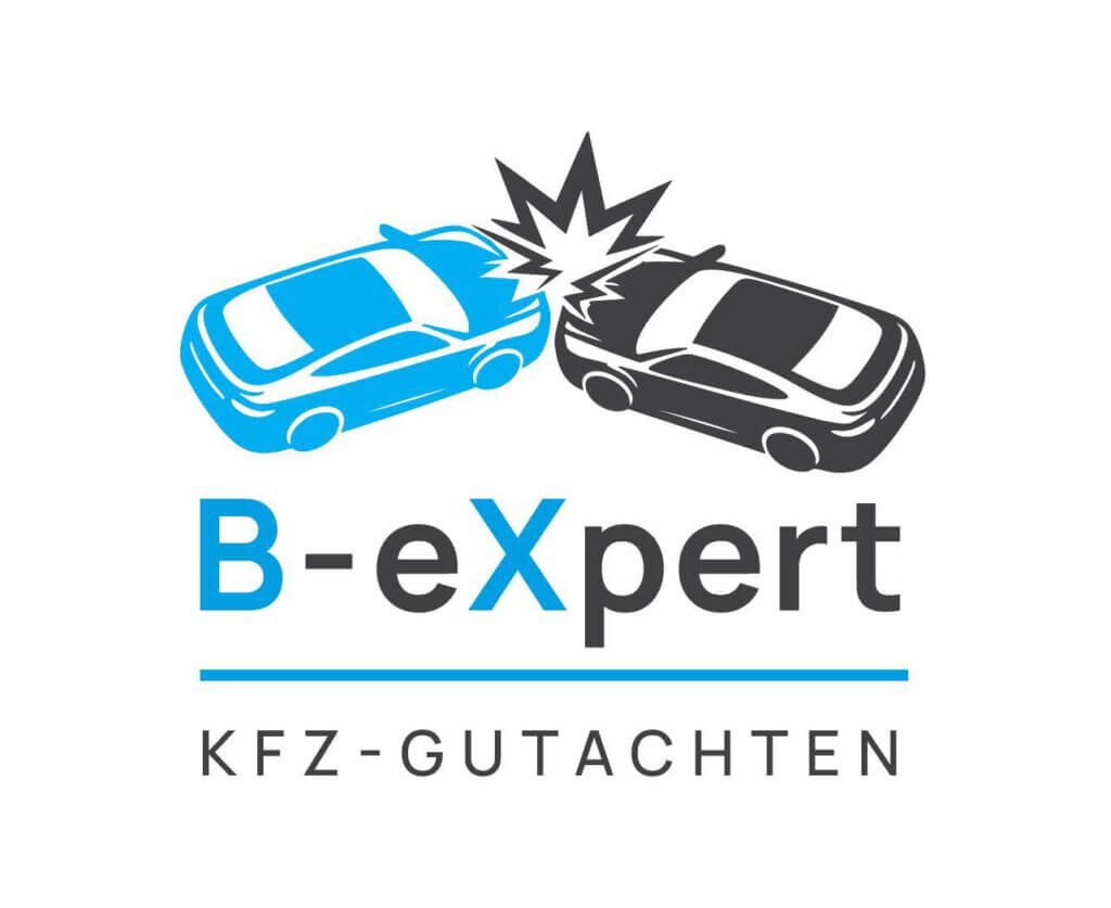 Zwei Autos kollidieren, darunter steht in blauer und schwarzer Schrift "B-eXpert" und "KFZ-GUTACHTEN