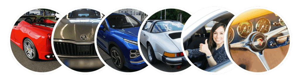Eine Collage mit fünf Autos in Rot, Grau, Blau und Weiß, einer fröhlichen Fahrerin am Steuer und einem klassischen Armaturenbrett